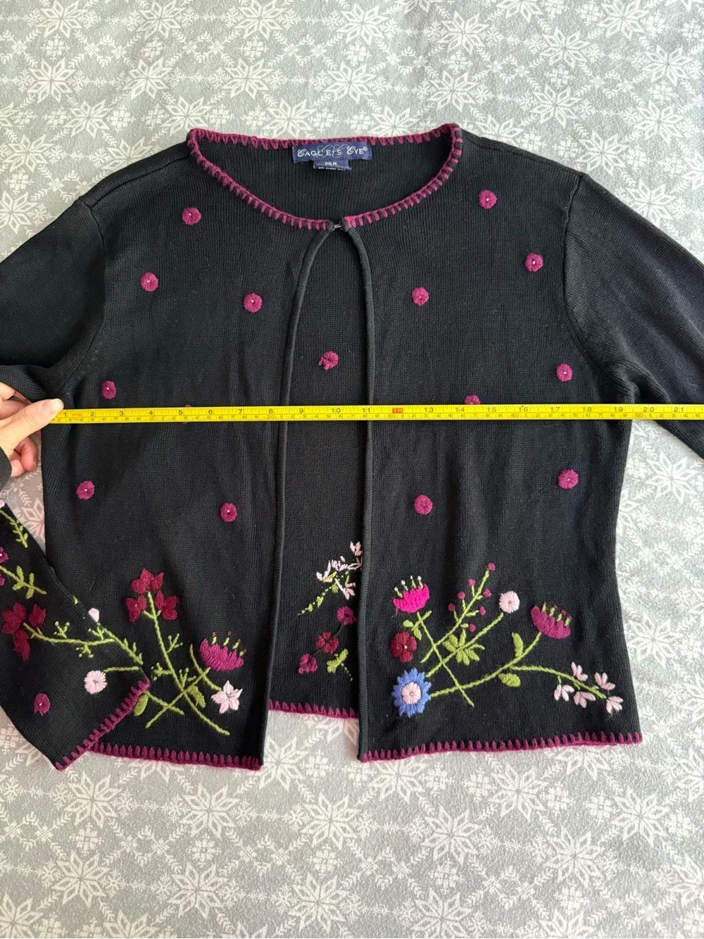 EAGLE’S EYE Vintage Women’s Whimsigoth Black Silk Wool Floral Cardigan Sweater M